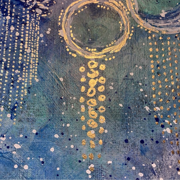 Abstract Acrylic Dream Catcher Blue and Gold Mini Painting, 6x6" - Picture 5 of 10